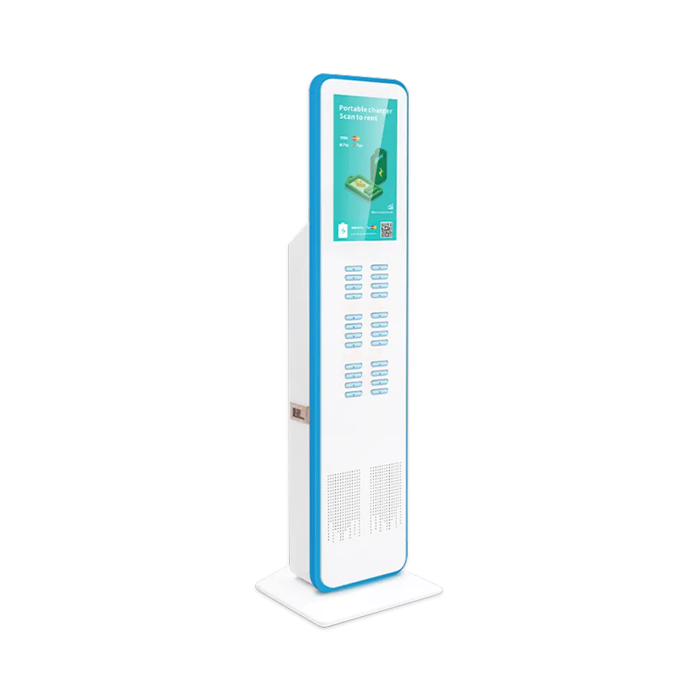  24 slots powerbank kiosk with screen and card reader side view