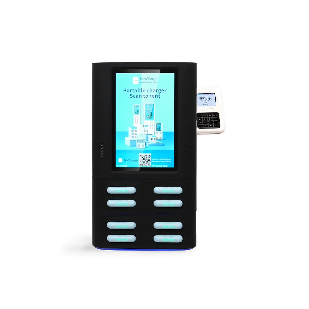 black square power bank vending machine with screen and card reader