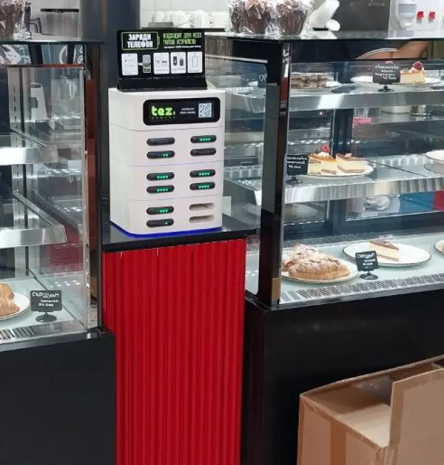 power bank kiosk at cake store