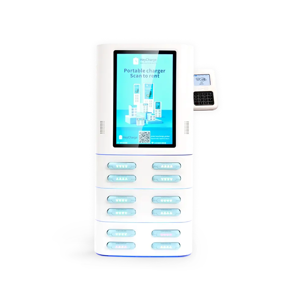 white 12 slots square power bank vending machine with screen and card reader front view