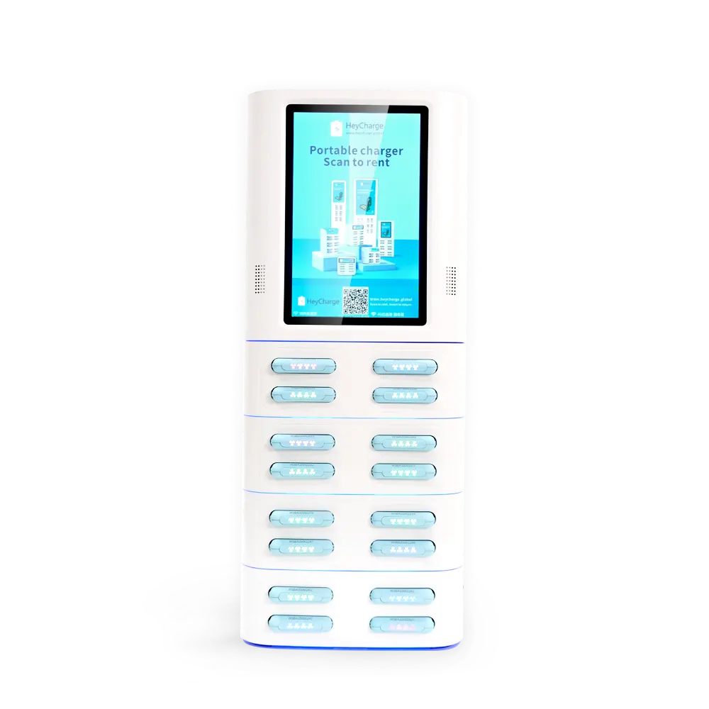 white 16 slots square power bank rental station with screen front view