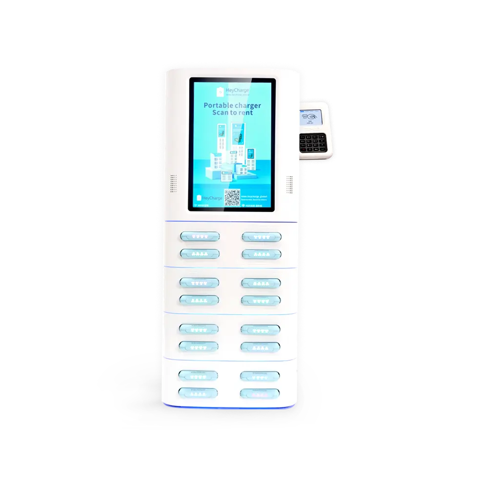 white 16 slots square power bank vending machine with screen and card reader front view
