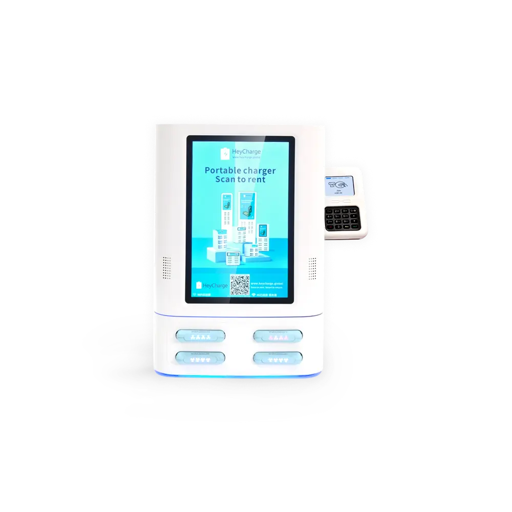 white 4 slots square power bank vending machine with screen and card reader front view