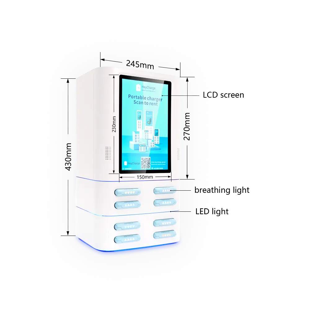 white 8 slots square power bank rental station with screen dimension