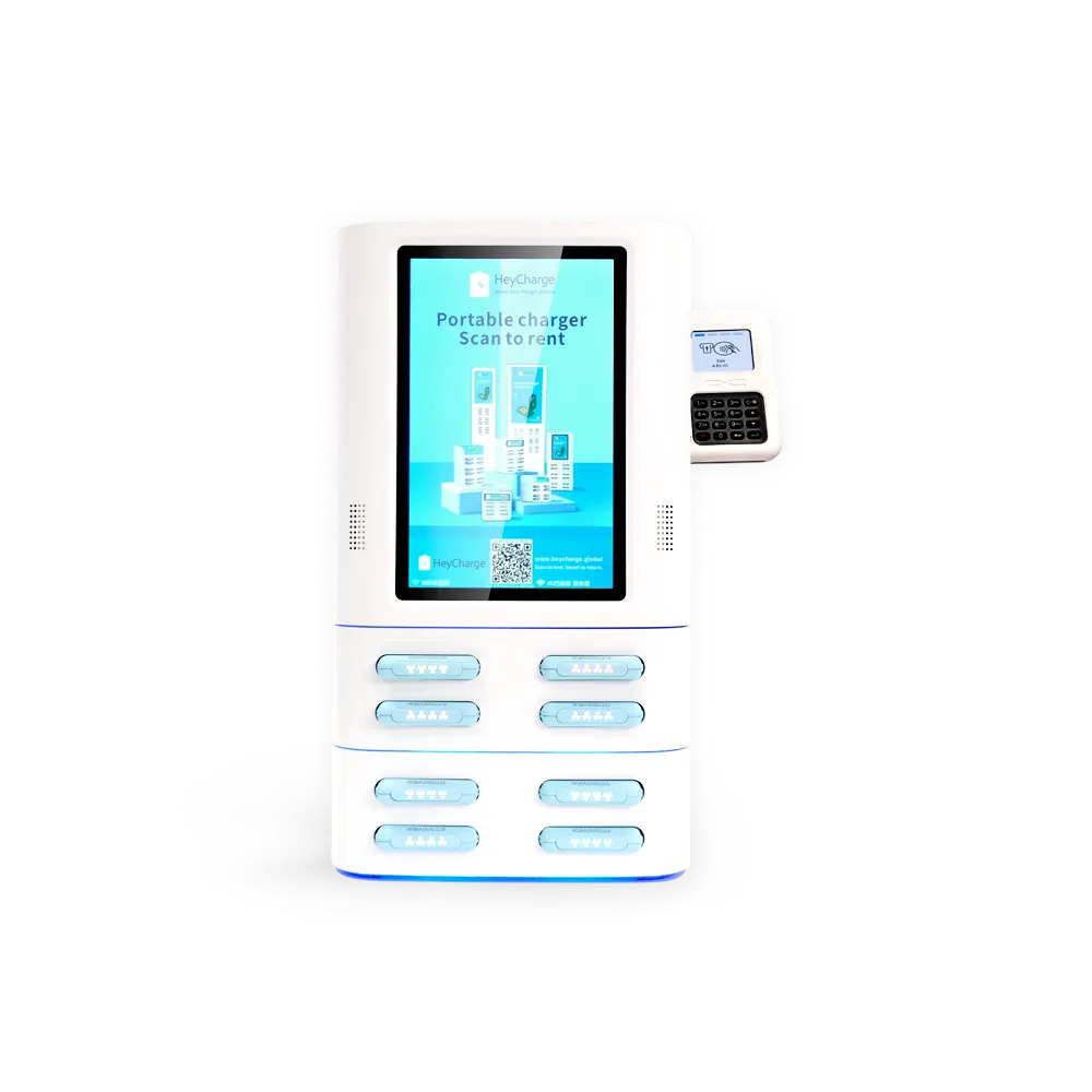 white 8 slots square power bank vending machine with screen and card reader front view