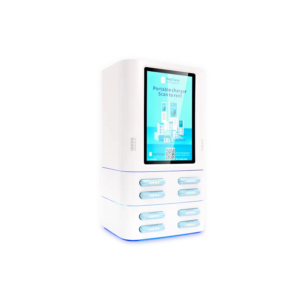 white 8 slots square power bank vending machine with screen and card reader side view