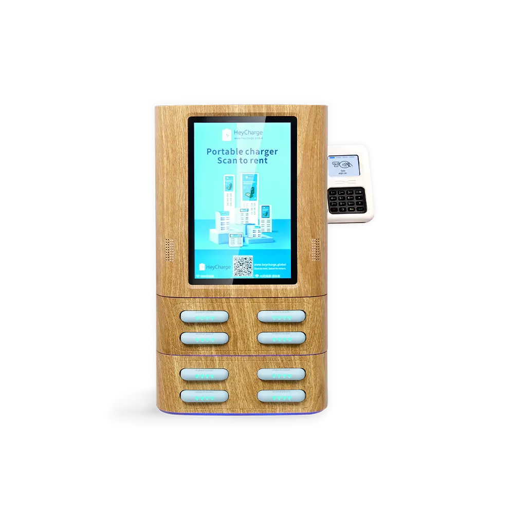 wood grain square power bank vending machine with screen and card reader