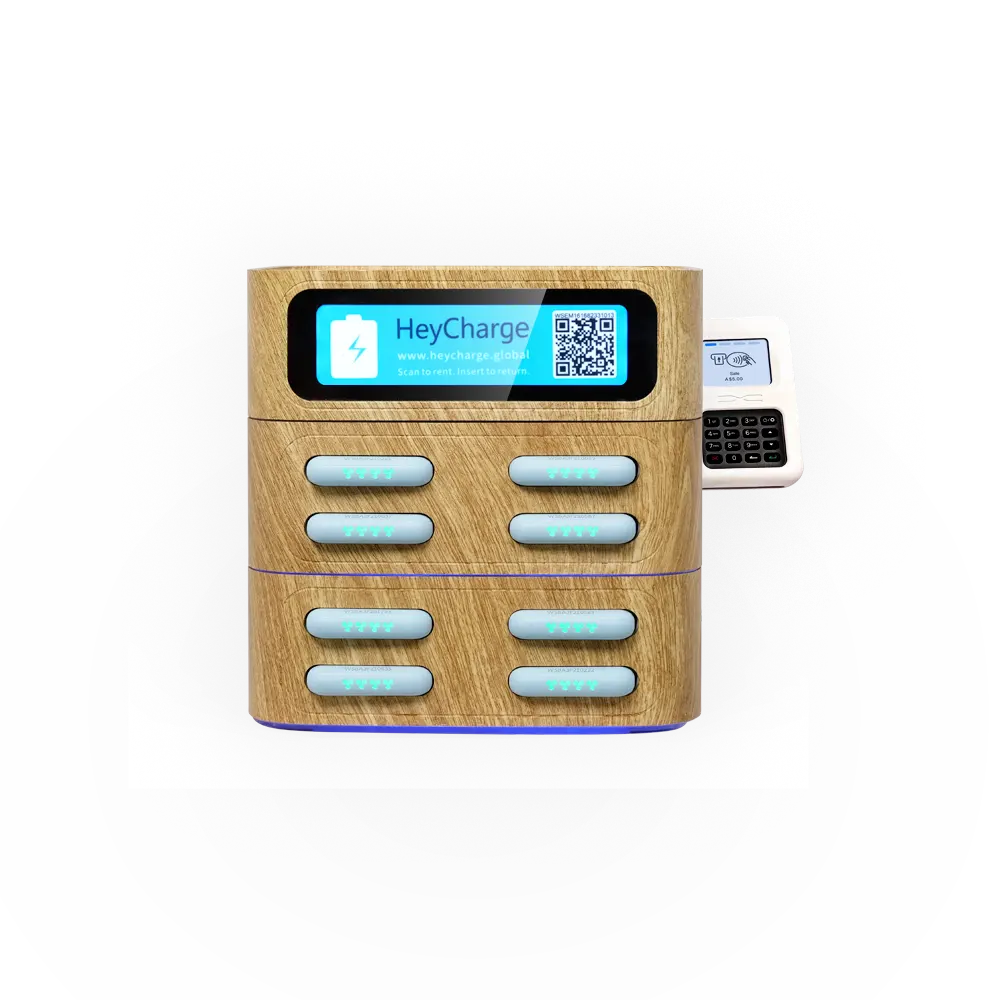 wood grain square powerbank rental with card reader